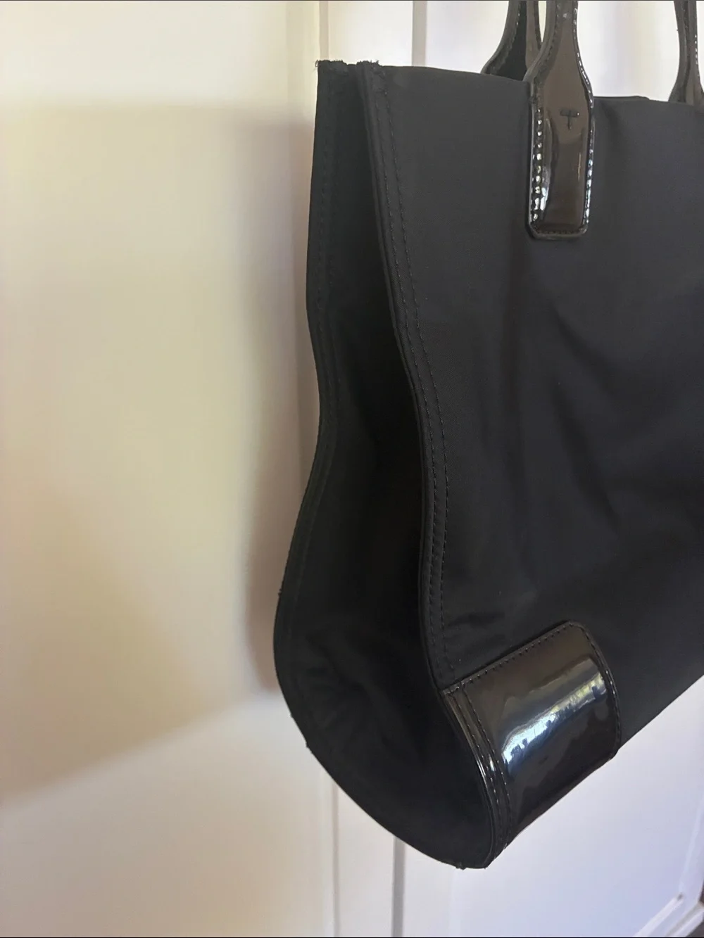 Tory Burch Black Nylon Tote with Patent Trim and Logo